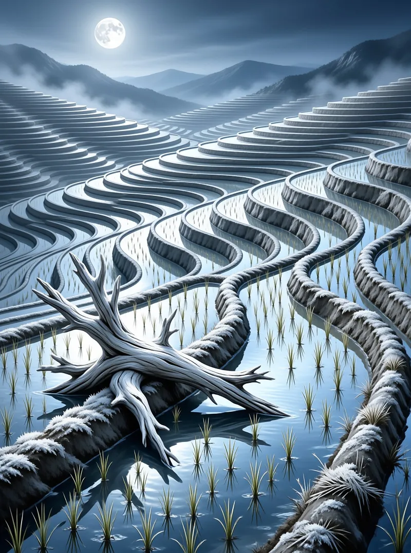 A pale tree trunk rests across wavy water terraces filled with green shoots under a bright moon and misty blue mountains.