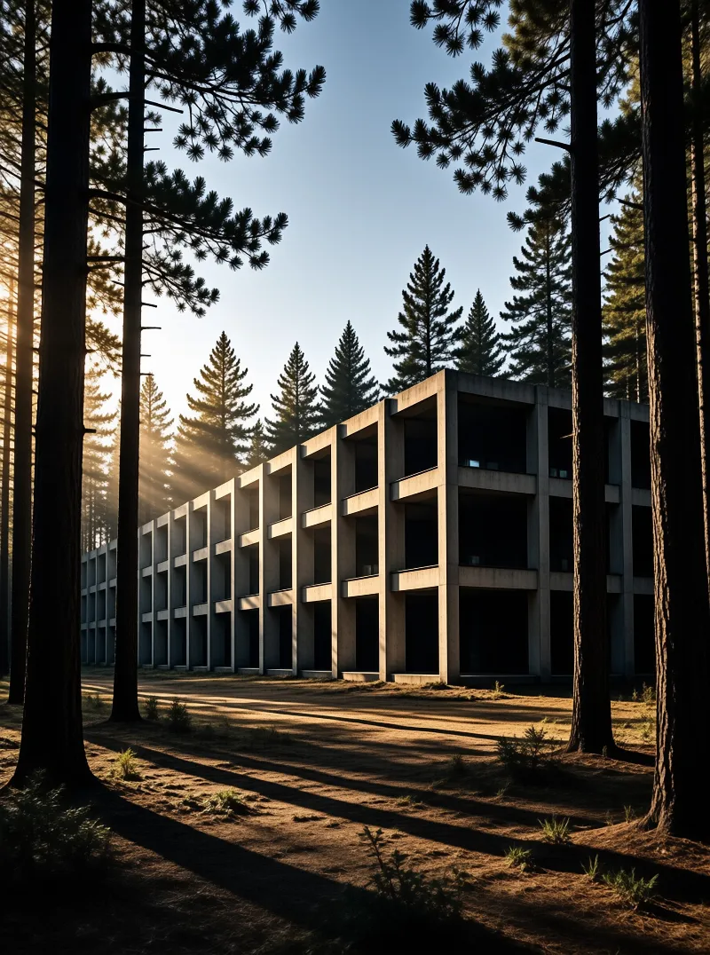 Geometric concrete structure surrounded by tall pine trees with sunlight filtering through the branches onto the earth.