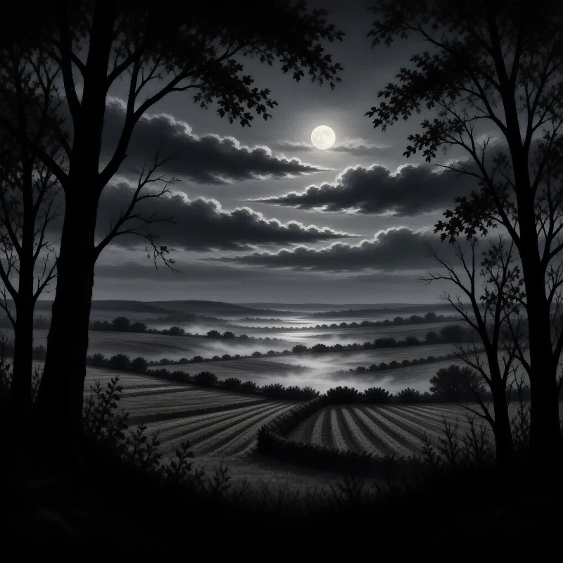 Bright moon shining through clouds above a foggy valley framed by dark tree silhouettes.