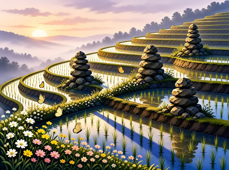 Curved water fields reflect a warm sunrise while butterflies fly near stacked stones and colorful flowers.
