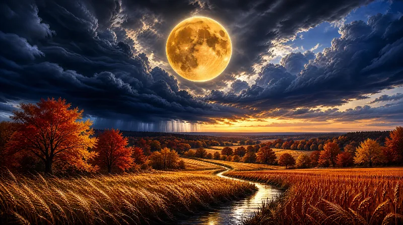 Golden Moon Over Autumn Fields