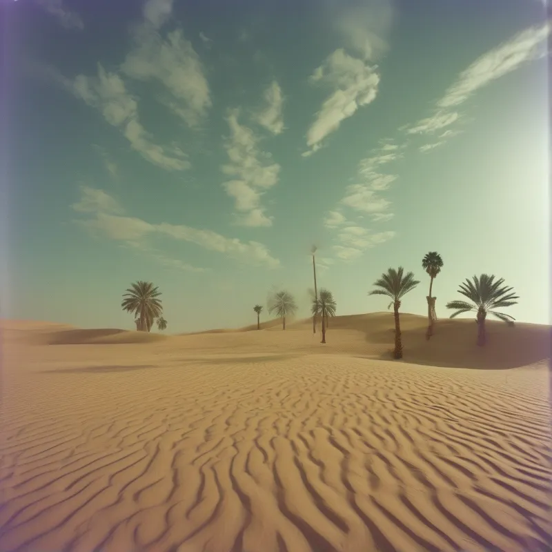 Several scattered palm trees rise from the crest of wind carved golden dunes beneath a gradient teal sky.
