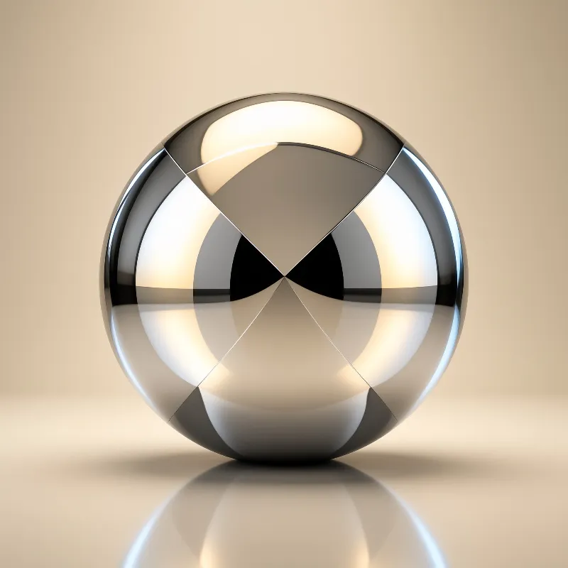A shiny spherical object sits against a neutral backdrop displaying segmented geometric shapes resembling a camera iris.
