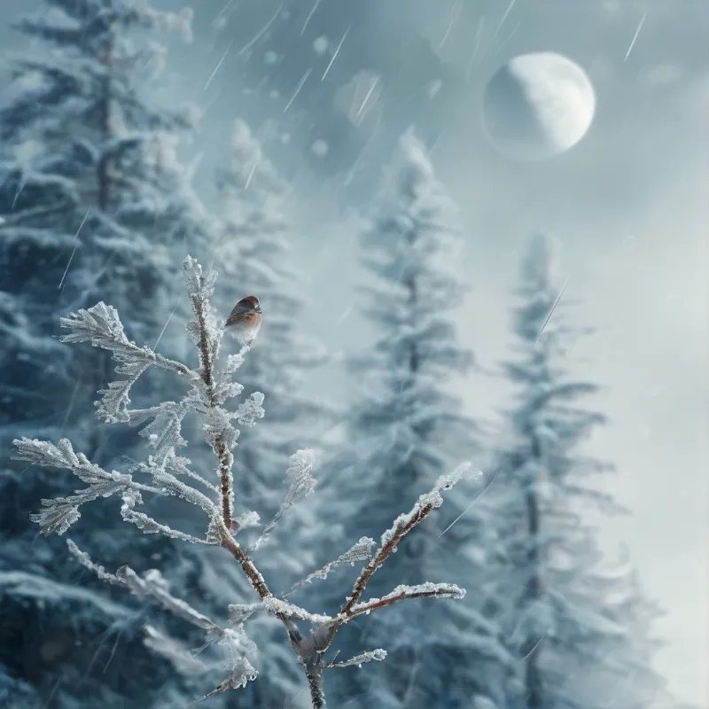 A small songbird rests on an ice-crusted branch as snow drifts across a pale blue evergreen forest under a bright moon.