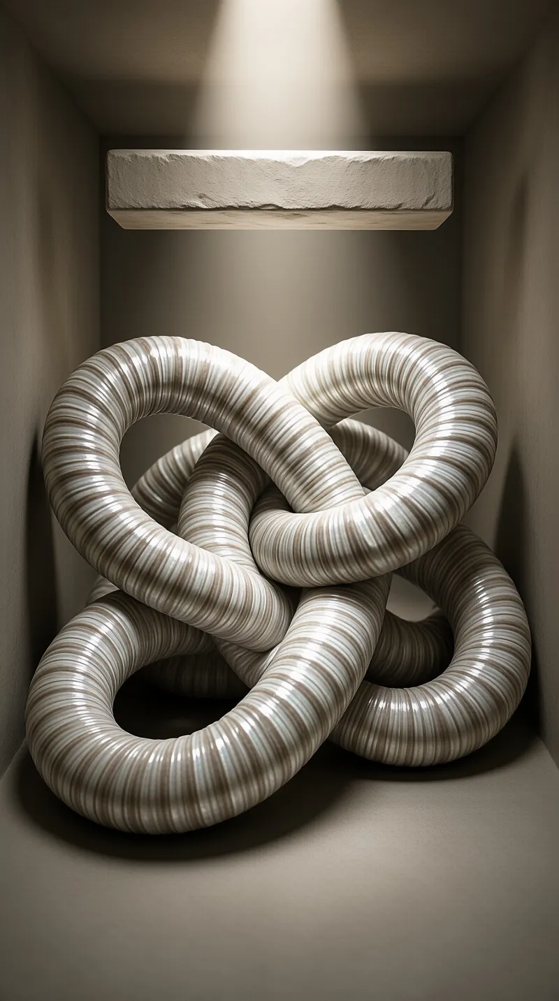 A ribbed beige tube knotted within a narrow alcove, lit from above with soft shadows on the textured surfaces.