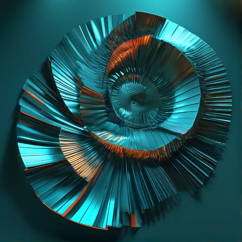 A pleated metallic structure curls into a spiral form illuminated by blue and orange highlights.