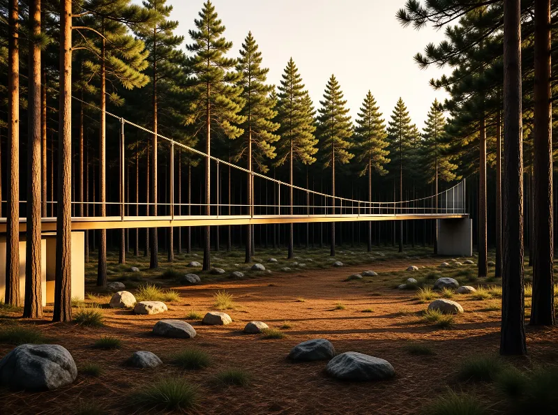 A long metal walkway with cable railings stretches over a woodland floor scattered with smooth stones and bathed in warm evening light.