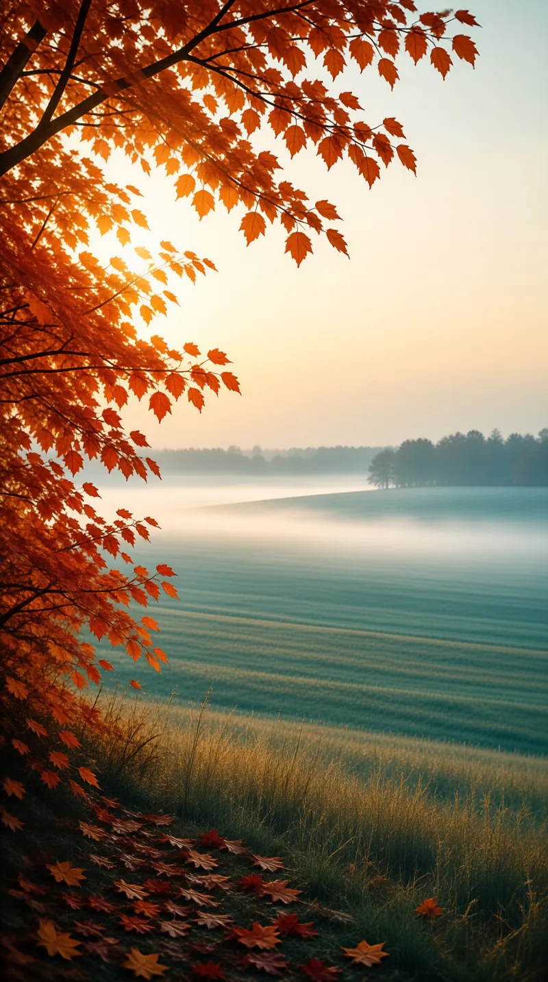 Orange maple leaves frame a misty landscape where fog drifts over a blue field beneath soft morning sunlight.