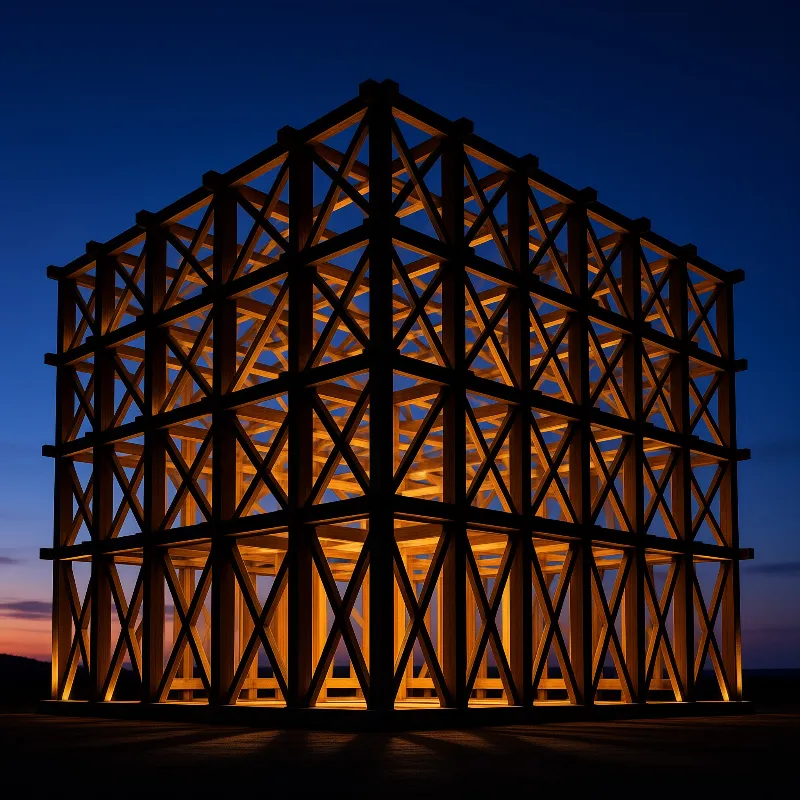 A wooden geodesic frame glows warmly against a dark blue twilight sky with orange hues on the horizon.