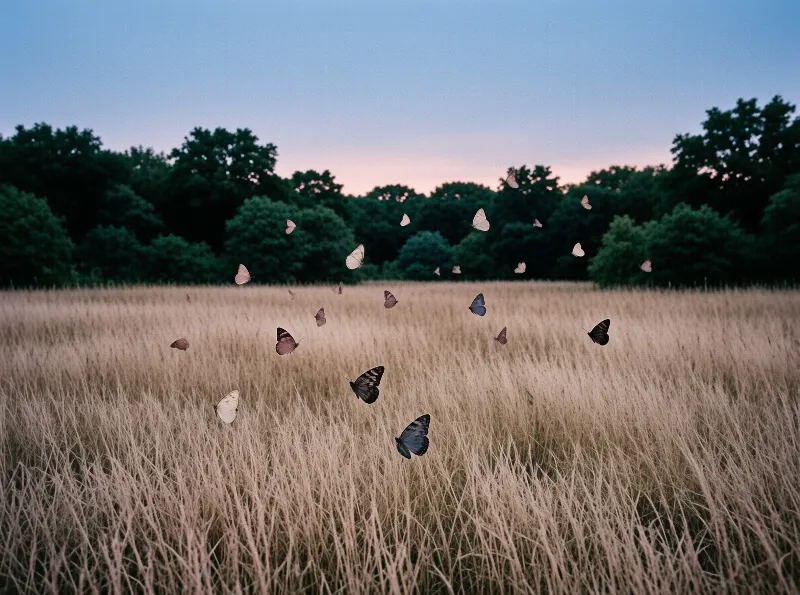 Numerous butterflies flutter above tall beige grass in a field bordered by dark trees during the soft light of dusk.