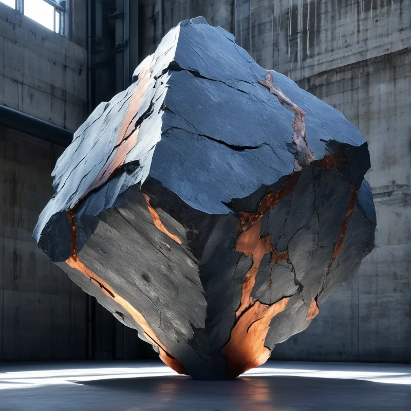 Large dark sculpture with orange fissures rests on a smooth floor in a sunlit industrial concrete space.