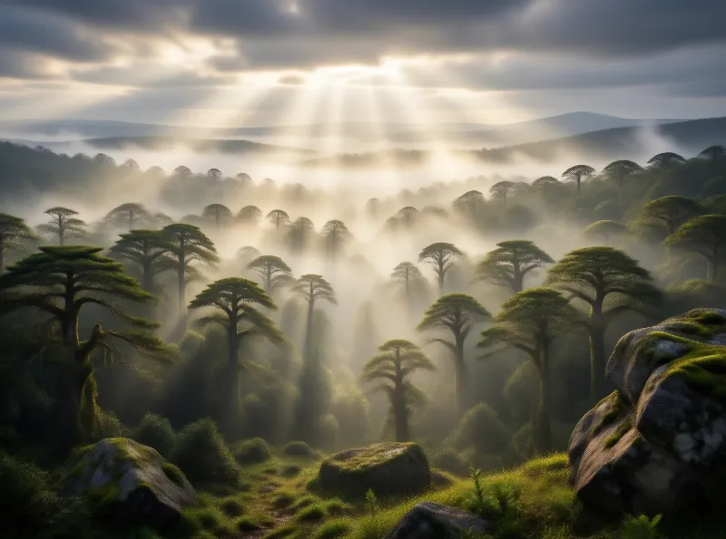 Sunlight Through Misty Woods