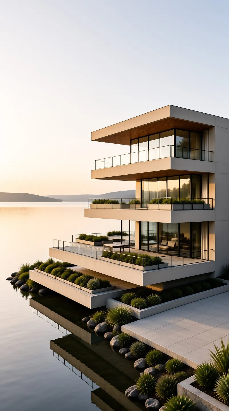 A modern multi-story residence extends over calm water during golden hour.