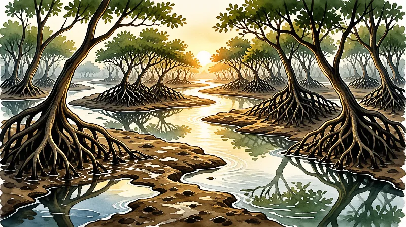 Mangrove trees with thick prop roots line a winding estuary channel bathed in warm golden sunset light reflecting the water.