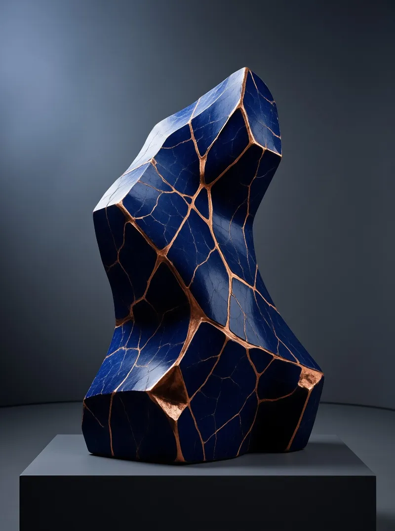A deep blue angular sculpture cracked with glowing copper seams stands on a pedestal in soft studio light.