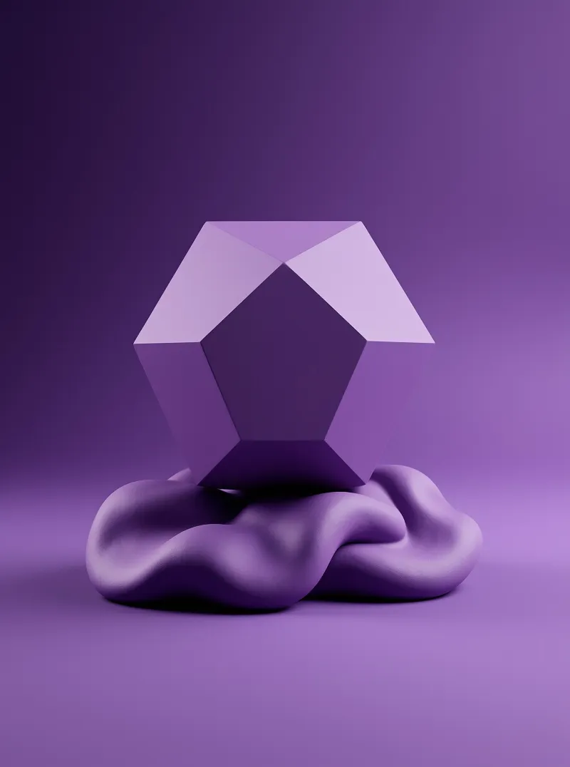 A smooth purple geometric prism rests on a soft wavy form against a gradient purple backdrop with subtle lighting.