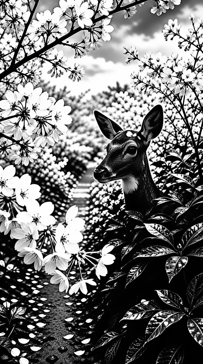 A black and white deer looks left from behind dark leaves while white cherry blossoms frame a soft path in the distance.