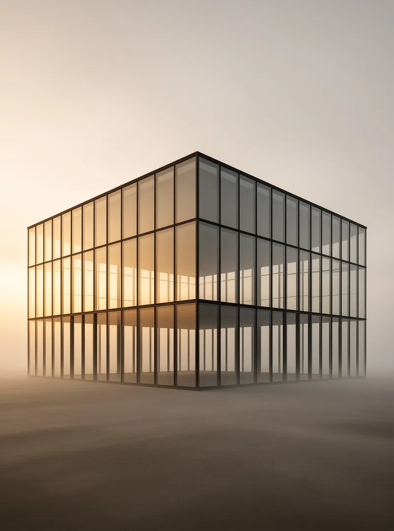 A minimalist rectangular glass structure stands in fog while sunlight illuminates its left side.