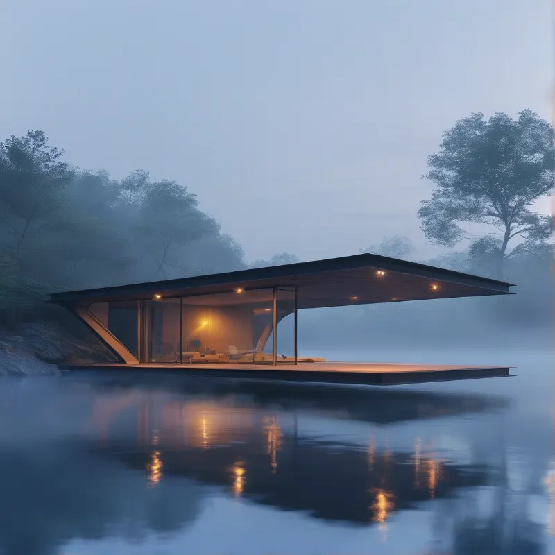 A contemporary pavilion sits on calm water surrounded by misty forest with warm interior lighting mirrored in the surface.