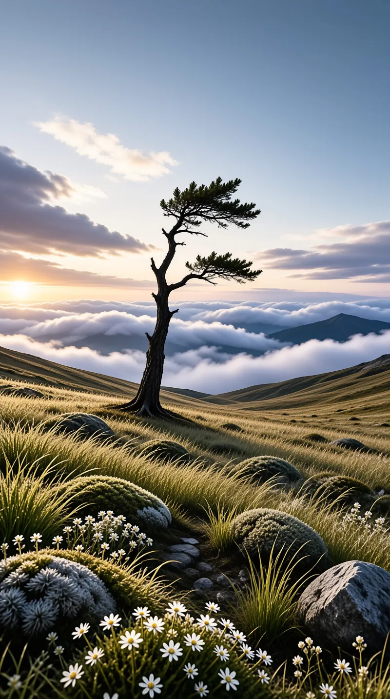 A solitary pine tree stands on a grassy ridge above a vast sea of clouds under warm sunset light.
