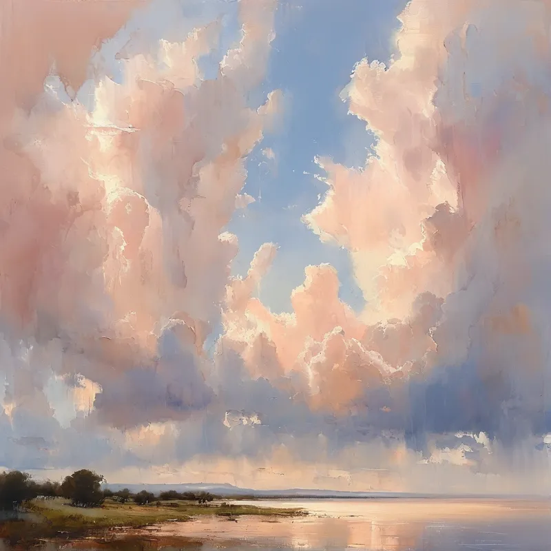 Soft peach and blue clouds pile above a shallow wetland where low bushes meet a mirror calm waterline.