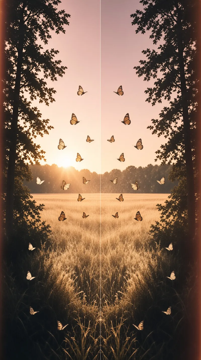 A symmetrical view of butterflies flying over a grassy field during sunset with dark trees framing the sides.
