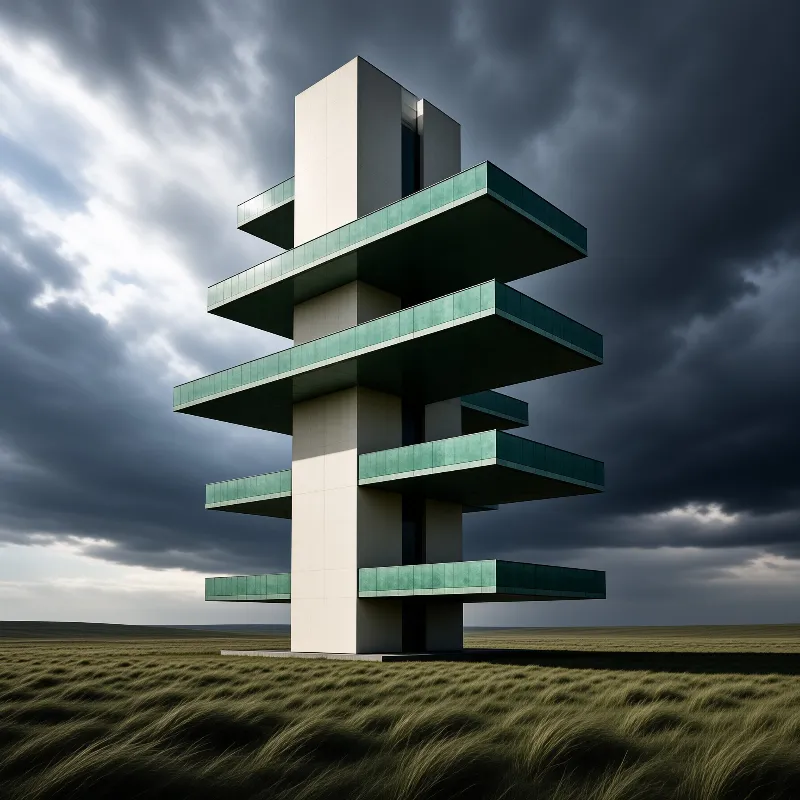 A stark white architectural column with green cantilevers stands isolated in a windy grassland under heavy clouds.