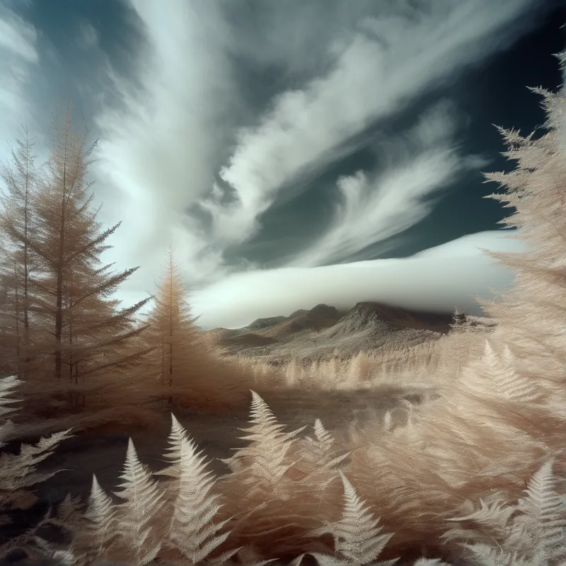 Infrared toned scene of pale feathery ferns and larch saplings on a slope, streaked cloud racing over dark hills
