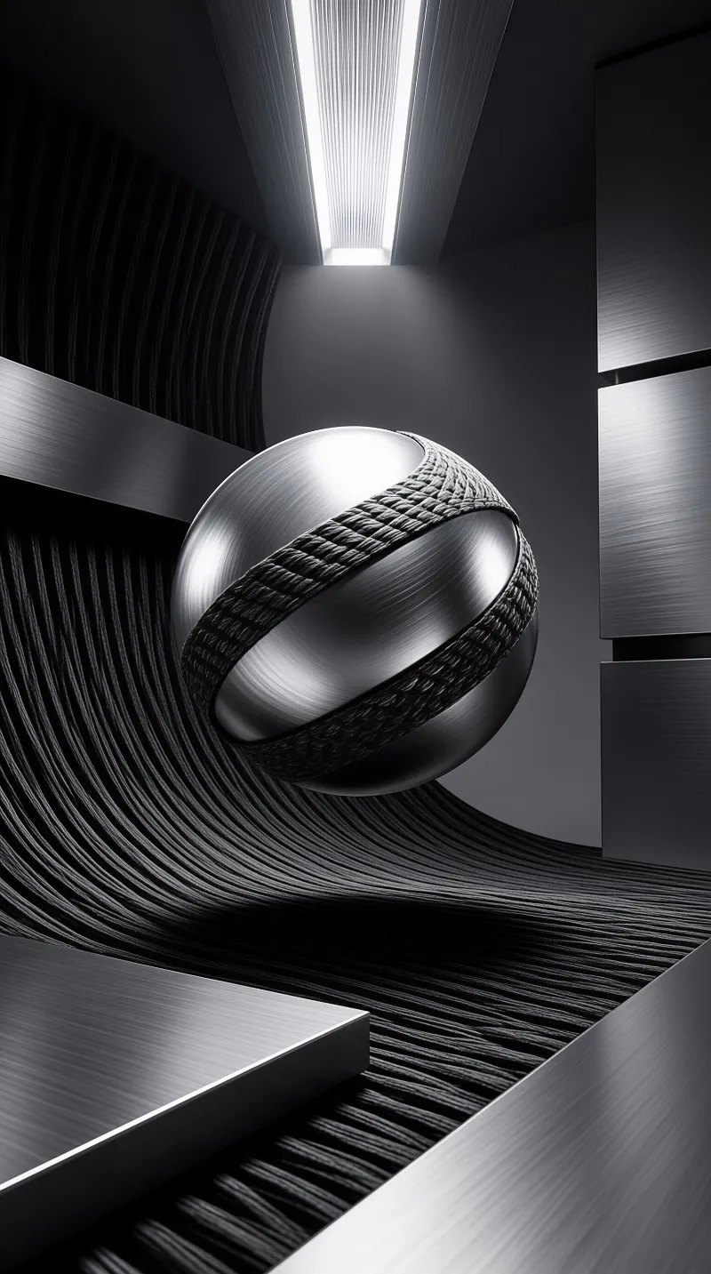 A metallic sphere with a woven band floats above dark corrugated surfaces under a bright rectangular ceiling light.