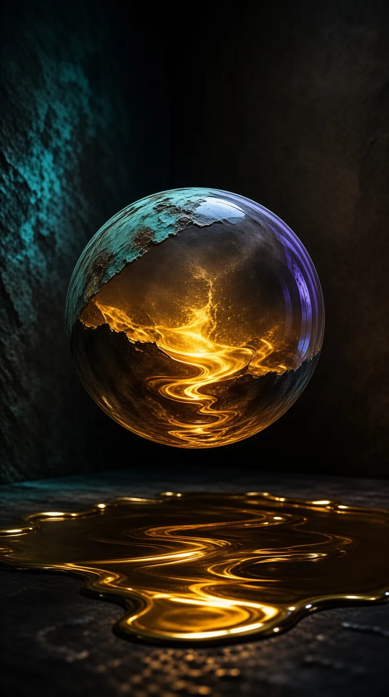A fractured orb with a teal rim hovers above a rippling pool of amber liquid against a dark textured wall.