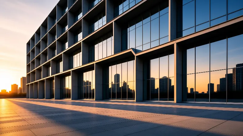 A large modern structure with extensive glass panels reflects the distant urban skyline against a warm sunset sky.