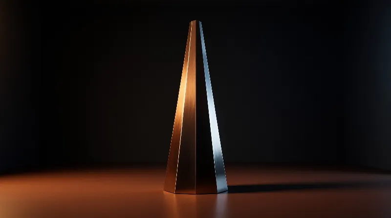 A tall metallic pyramid stands on a smooth surface with warm light on one side and cool light on the other in darkness.