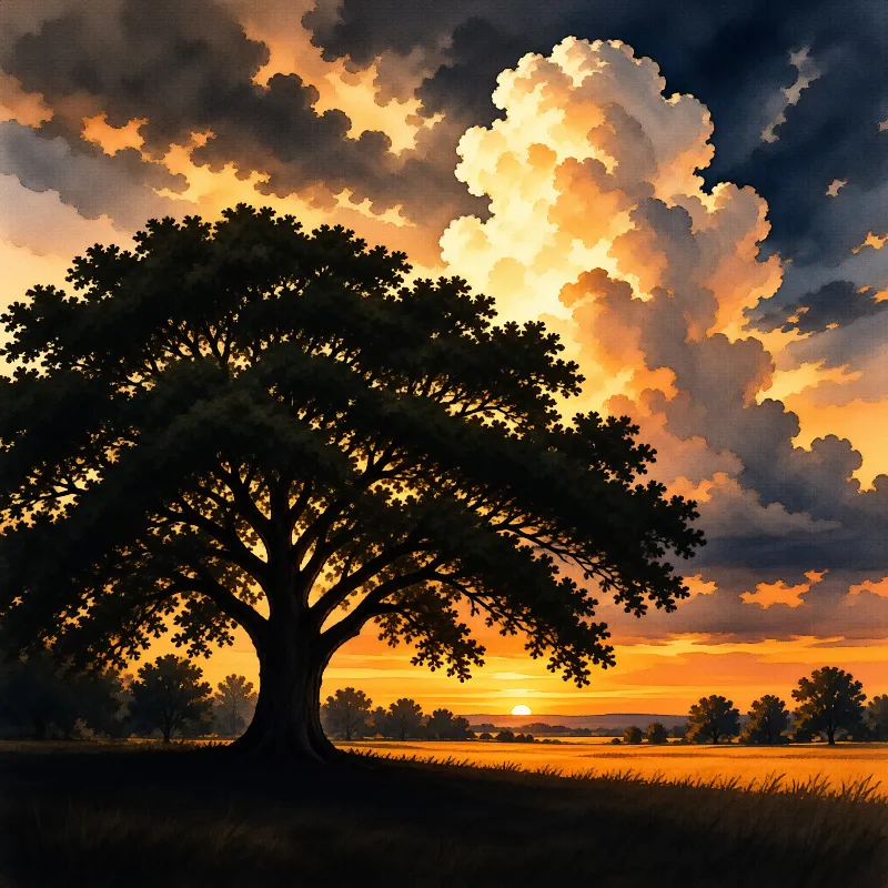 A large tree stands in the field while the sun sets on the horizon casting orange light across scattered clouds