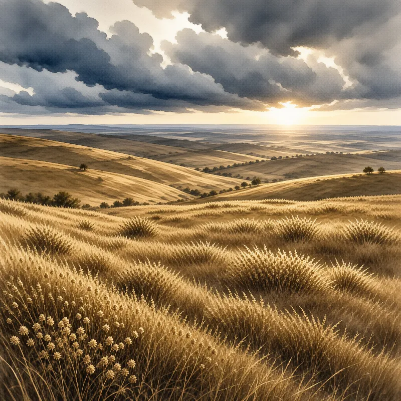Golden hills roll across the valley under heavy storm clouds as the sun shines brightly near the horizon