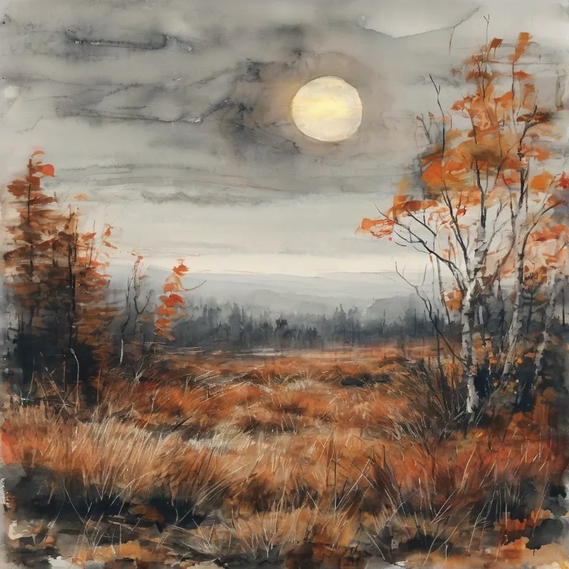 Birch trees with autumn leaves frame a misty field under a glowing moon in a cloudy sky with distant forest outlines.