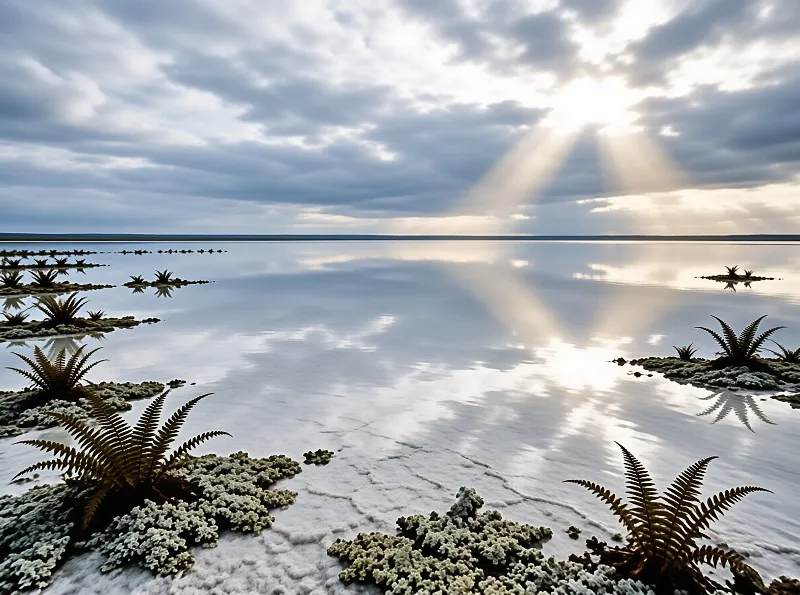 Salt flat stretching to the horizon with sun rays piercing clouds and illuminating the cracked surface and scattered ferns.