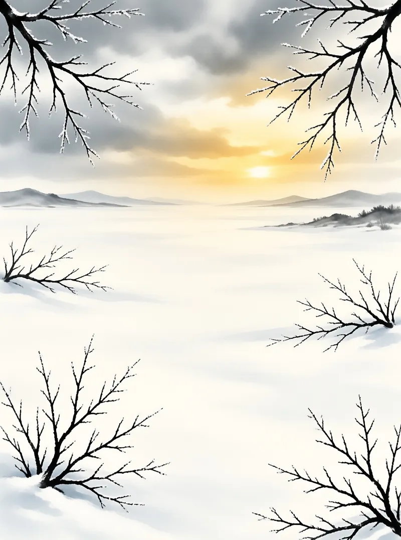 Frosted bare branches frame a frozen lake at sunset, hazy hills sit behind snow blankets the flat wintry landscape.