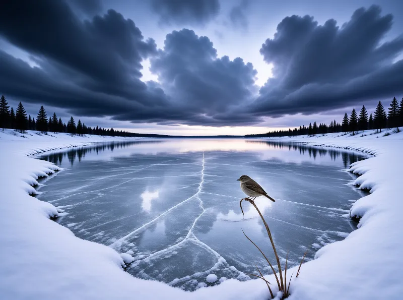 A small bird balances on a reed above a cracked frozen lake surrounded by snow-covered banks and dramatic dark clouds.