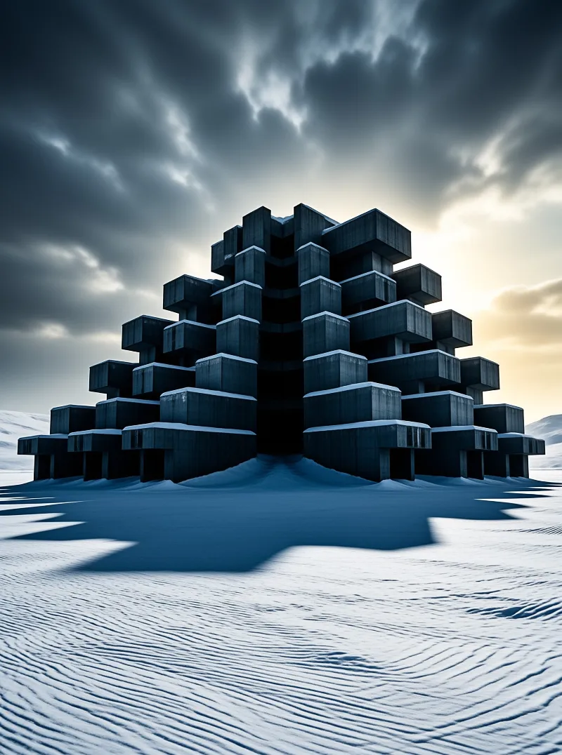 A stacked pyramid of raw concrete blocks rises from windblown snow under a cold storm sky.