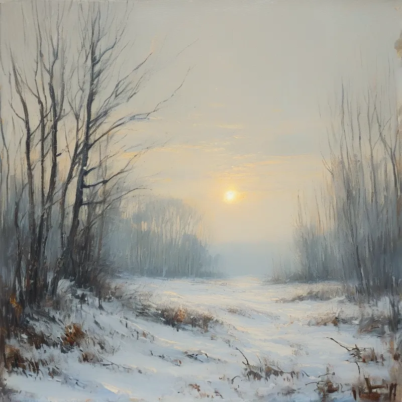 A painterly snowscape shows a quiet lane lined with leafless trees under a soft pale sun.