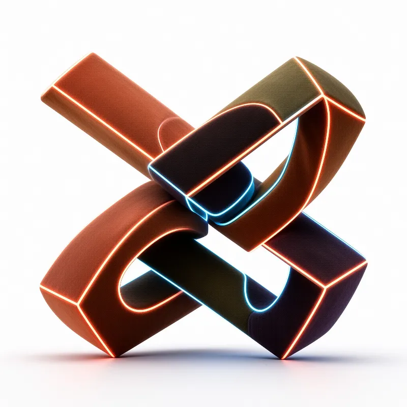 Two interwoven 3D knot sculptures rest against a plain white background, their curved edges lined with bright orange and cool blue glowing neon trim.