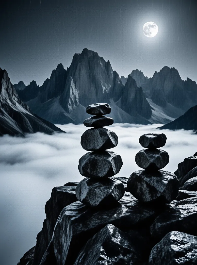 Two stacks of balanced rocks sit on a dark foreground ledge overlooking a vast sea of clouds that surrounds the base of jagged mountain peaks under a bright full moon.