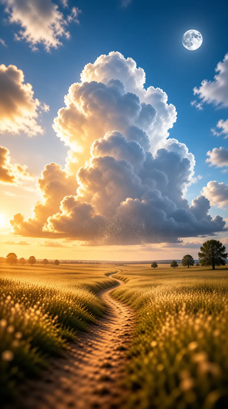 A winding dirt track cuts across a sunlit golden meadow with towering cumulus clouds and a full moon in the bright sky.