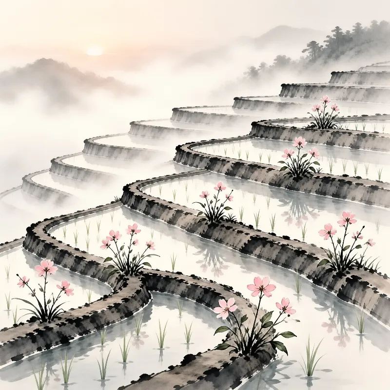 Flooded rice terraces curve through mist while pink blossoms and pale sunlight glow over the watery steps.