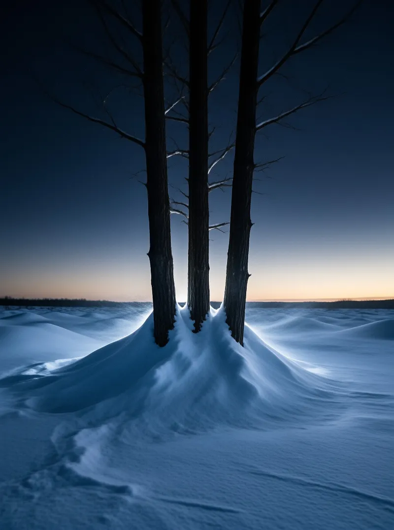 Three dark tree trunks rise from wind-sculpted snow drifts while the sky glows orange near the horizon line.
