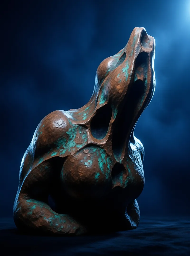 An abstract metallic artwork featuring verdigris texture stands illuminated against a shadowy navy background.