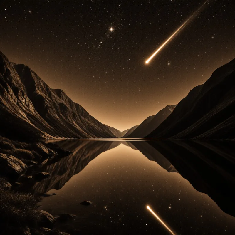 Warm sepia light bathes a star-filled sky as a falling meteor mirrors in a glassy mountain lake