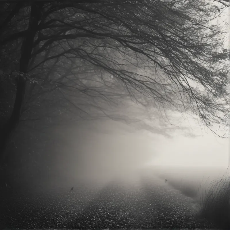 A dark leafless tree stands amidst thick fog and soft diffused light.