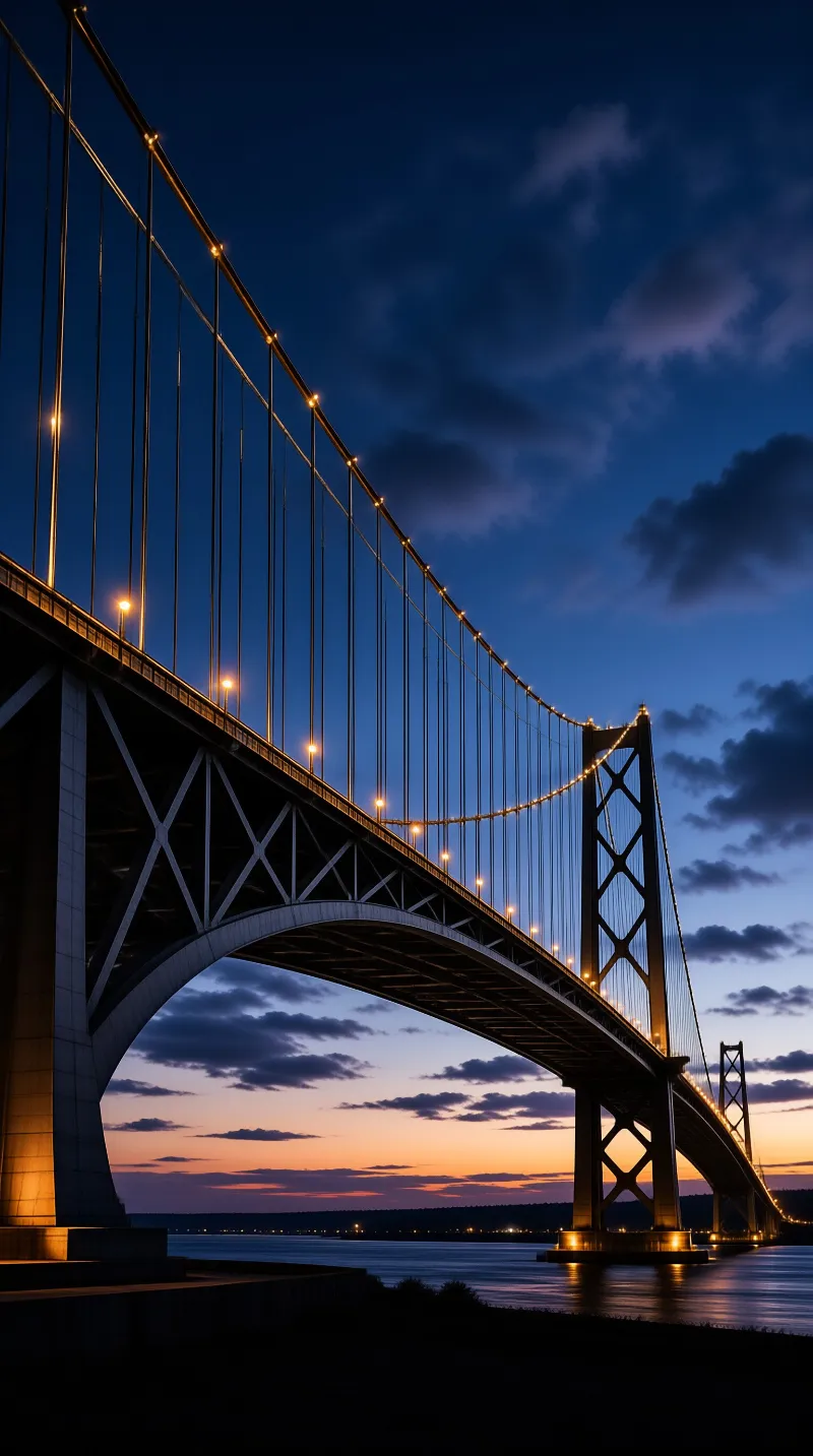 An illuminated suspension bridge stretches over calm water under a dusk sky that shifts from warm orange to deep blue.