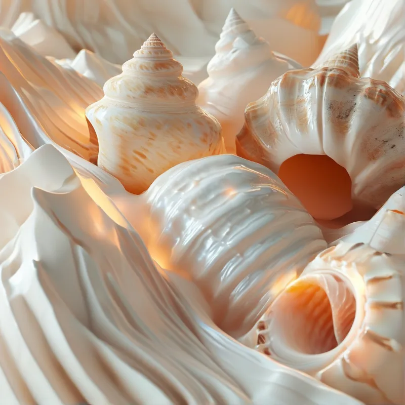 Several smooth patterned seashells rest in undulating pale ivory textured folds under soft warm golden ambient light.